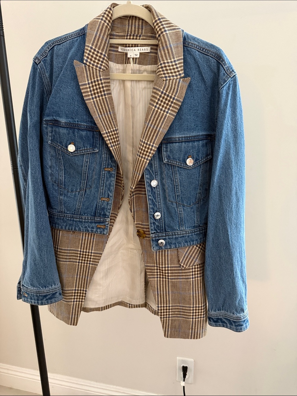 Veronica Beard Blue Denim Jacket with Brown Plaid Tailoring